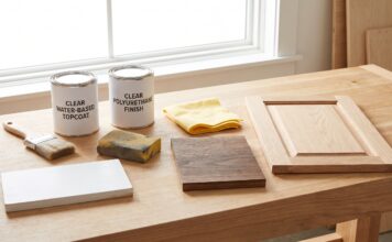 Polycrylic vs Water-Based Polyurethane: Which Clear Finish Is Better? Polycrylic and water-based polyurethane clear finishes with brushes and painted wood samples