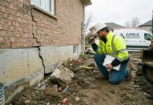 Sinking Foundation: Signs, Causes, Repair Options & What to Do First Foundation specialist inspecting a cracked sinking foundation near a house exterior