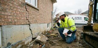 Sinking Foundation: Signs, Causes, Repair Options & What to Do First Foundation specialist inspecting a cracked sinking foundation near a house exterior