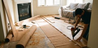 Tongue and Groove Flooring: Costs, Pros, Cons & Install Tips Tongue and groove wood flooring planks being installed with a flooring nailer, spacers, and underlayment in a living room renovation