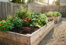 Untreated Cedar Raised Garden Bed: Is It Safe for Vegetables? Raised wooden garden beds filled with tomatoes, peppers, squash, and flowers, with a gravel path nearby and a cat resting on the edge of the bed