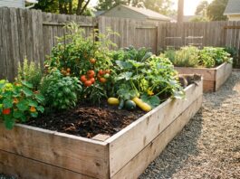Untreated Cedar Raised Garden Bed: Is It Safe for Vegetables? Raised wooden garden beds filled with tomatoes, peppers, squash, and flowers, with a gravel path nearby and a cat resting on the edge of the bed