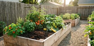 Untreated Cedar Raised Garden Bed: Is It Safe for Vegetables? Raised wooden garden beds filled with tomatoes, peppers, squash, and flowers, with a gravel path nearby and a cat resting on the edge of the bed