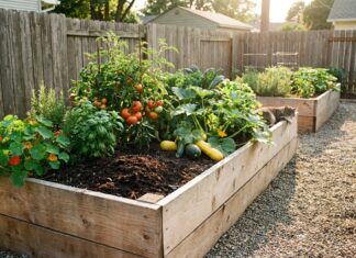 Untreated Cedar Raised Garden Bed: Is It Safe for Vegetables? Raised wooden garden beds filled with tomatoes, peppers, squash, and flowers, with a gravel path nearby and a cat resting on the edge of the bed