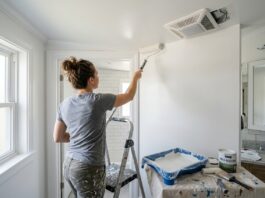 Mold Resistant Paint: Best Uses, Bathroom Tips & 7 Mistakes to Avoid Mold resistant paint being applied in a bathroom with clean walls, ceiling, and ventilation fan