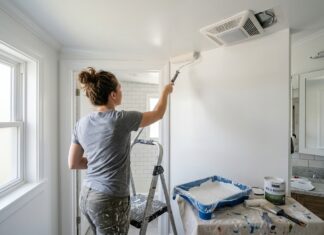 Mold Resistant Paint: Best Uses, Bathroom Tips & 7 Mistakes to Avoid Mold resistant paint being applied in a bathroom with clean walls, ceiling, and ventilation fan