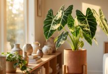 Alocasia Frydek Variegated Care: Light, Water, Growth & Buying Tips Variegated Alocasia Frydek plant with velvet leaves and white variegation in an indoor pot
