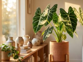 Alocasia Frydek Variegated Care: Light, Water, Growth & Buying Tips Variegated Alocasia Frydek plant with velvet leaves and white variegation in an indoor pot