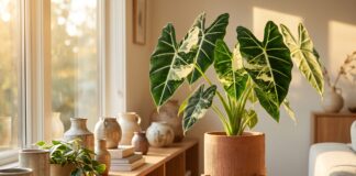 Alocasia Frydek Variegated Care: Light, Water, Growth & Buying Tips Variegated Alocasia Frydek plant with velvet leaves and white variegation in an indoor pot