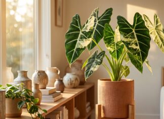 Alocasia Frydek Variegated Care: Light, Water, Growth & Buying Tips Variegated Alocasia Frydek plant with velvet leaves and white variegation in an indoor pot
