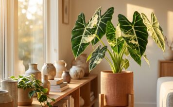 Alocasia Frydek Variegated Care: Light, Water, Growth & Buying Tips Variegated Alocasia Frydek plant with velvet leaves and white variegation in an indoor pot