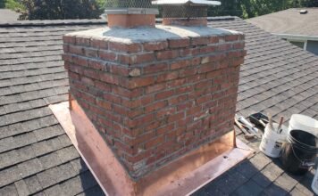 Chimney Repair: Costs, Warning Signs, Flashing, Crown & Brick Fixes Chimney repair showing damaged brick, flashing, crown, and masonry above a residential roof