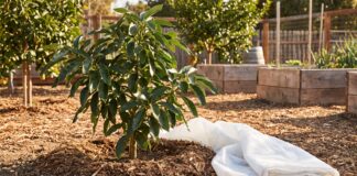 Cold Hardy Avocado Tree: Best Varieties, Growing Zones, Care & Mistakes Cold hardy avocado tree growing in a sunny home garden with mulch and frost protection nearby