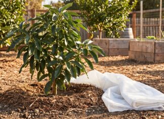 Cold Hardy Avocado Tree: Best Varieties, Growing Zones, Care & Mistakes Cold hardy avocado tree growing in a sunny home garden with mulch and frost protection nearby