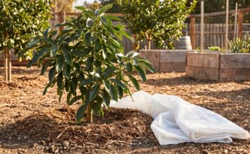 Cold Hardy Avocado Tree: Best Varieties, Growing Zones, Care & Mistakes Cold hardy avocado tree growing in a sunny home garden with mulch and frost protection nearby