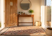 Entryway Rug: 9 Best Picks for Style, Dirt & Small Spaces Entryway rug inside a front door with console table and plants