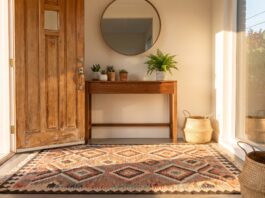 Entryway Rug: 9 Best Picks for Style, Dirt & Small Spaces Entryway rug inside a front door with console table and plants