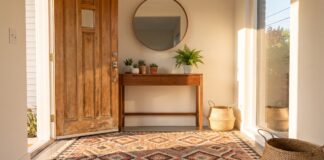 Entryway Rug: 9 Best Picks for Style, Dirt & Small Spaces Entryway rug inside a front door with console table and plants