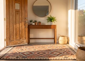 Entryway Rug: 9 Best Picks for Style, Dirt & Small Spaces Entryway rug inside a front door with console table and plants
