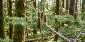 Fir Tree: Types, Identification, Care & Fir vs Spruce vs Pine Fir tree branch with soft flat needles and upright cones in an evergreen forest