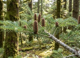 Fir Tree: Types, Identification, Care & Fir vs Spruce vs Pine Fir tree branch with soft flat needles and upright cones in an evergreen forest