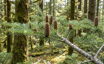 Fir Tree: Types, Identification, Care & Fir vs Spruce vs Pine Fir tree branch with soft flat needles and upright cones in an evergreen forest