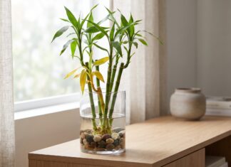 How to Cure Yellowing Lucky Bamboo: 7 Fixes Yellowing lucky bamboo leaves in a glass vase with clean water and pebbles