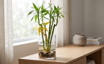 How to Cure Yellowing Lucky Bamboo: 7 Fixes Yellowing lucky bamboo leaves in a glass vase with clean water and pebbles