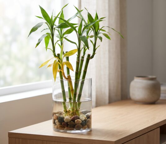 How to Cure Yellowing Lucky Bamboo: 7 Fixes Yellowing lucky bamboo leaves in a glass vase with clean water and pebbles