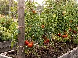 Indeterminate Tomatoes: Best Varieties, Pruning, Support & Growing Tips Indeterminate tomato plants growing on tall supports with ripe tomatoes in a vegetable garden