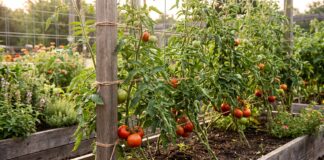Indeterminate Tomatoes: Best Varieties, Pruning, Support & Growing Tips Indeterminate tomato plants growing on tall supports with ripe tomatoes in a vegetable garden