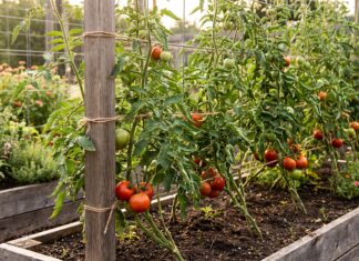Indeterminate Tomatoes: Best Varieties, Pruning, Support & Growing Tips Indeterminate tomato plants growing on tall supports with ripe tomatoes in a vegetable garden