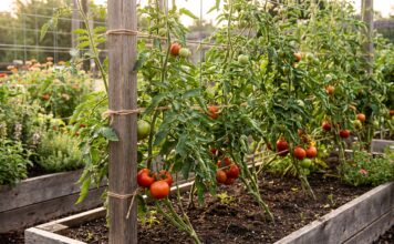 Indeterminate Tomatoes: Best Varieties, Pruning, Support & Growing Tips Indeterminate tomato plants growing on tall supports with ripe tomatoes in a vegetable garden