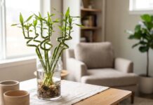 Lucky Curly Bamboo Care: Why It Turns Yellow and How to Fix It Lucky curly bamboo plant with spiral stalks growing in a glass vase with pebbles