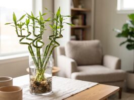 Lucky Curly Bamboo Care: Why It Turns Yellow and How to Fix It Lucky curly bamboo plant with spiral stalks growing in a glass vase with pebbles