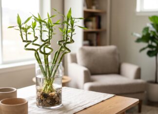 Lucky Curly Bamboo Care: Why It Turns Yellow and How to Fix It Lucky curly bamboo plant with spiral stalks growing in a glass vase with pebbles