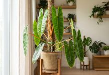 Philodendron Billietiae Care: Orange Petioles, Moss Pole & Variegated Tips Philodendron billietiae plant with long green leaves and orange petioles growing indoors