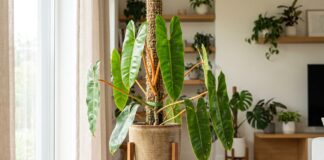 Philodendron Billietiae Care: Orange Petioles, Moss Pole & Variegated Tips Philodendron billietiae plant with long green leaves and orange petioles growing indoors