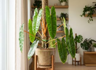 Philodendron Billietiae Care: Orange Petioles, Moss Pole & Variegated Tips Philodendron billietiae plant with long green leaves and orange petioles growing indoors