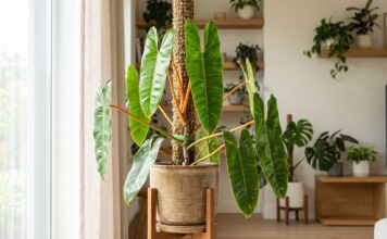 Philodendron Billietiae Care: Orange Petioles, Moss Pole & Variegated Tips Philodendron billietiae plant with long green leaves and orange petioles growing indoors