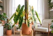 Philodendron Billietiae Variegated Care: Light, Moss Pole & Buying Tips Variegated Philodendron billietiae with orange petioles growing indoors near a moss pole