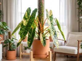 Philodendron Billietiae Variegated Care: Light, Moss Pole & Buying Tips Variegated Philodendron billietiae with orange petioles growing indoors near a moss pole