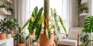 Philodendron Billietiae Variegated Care: Light, Moss Pole & Buying Tips Variegated Philodendron billietiae with orange petioles growing indoors near a moss pole