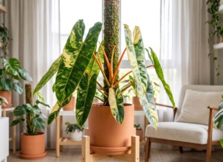 Philodendron Billietiae Variegated Care: Light, Moss Pole & Buying Tips Variegated Philodendron billietiae with orange petioles growing indoors near a moss pole