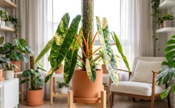 Philodendron Billietiae Variegated Care: Light, Moss Pole & Buying Tips Variegated Philodendron billietiae with orange petioles growing indoors near a moss pole