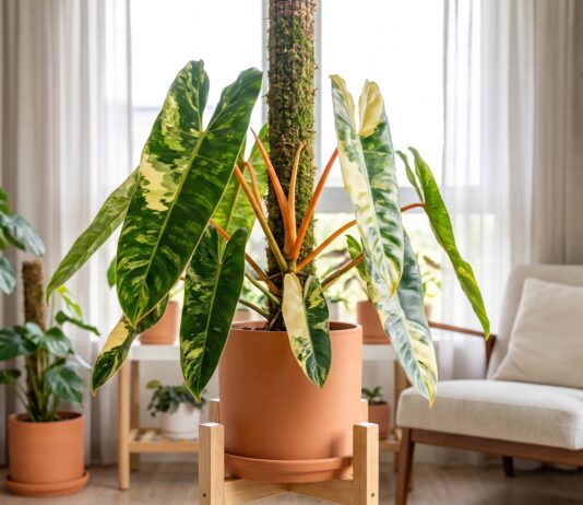 Philodendron Billietiae Variegated Care: Light, Moss Pole & Buying Tips Variegated Philodendron billietiae with orange petioles growing indoors near a moss pole