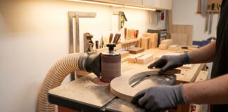 Spindle Sander: Best Uses, Buying Tips & Mistakes to Avoid Oscillating spindle sander smoothing a curved wooden workpiece in a woodworking shop