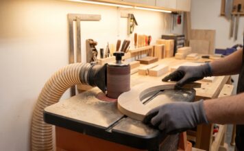 Spindle Sander: Best Uses, Buying Tips & Mistakes to Avoid Oscillating spindle sander smoothing a curved wooden workpiece in a woodworking shop