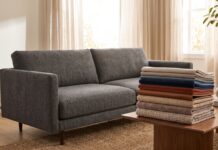 Types of Sofa Fabric: Common Sofa Fabric Buying Mistakes Different types of sofa fabric samples beside a modern living room couch