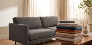 Types of Sofa Fabric: Common Sofa Fabric Buying Mistakes Different types of sofa fabric samples beside a modern living room couch